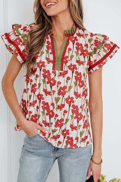 Red Floral Print Contrast Trim V Neck Double Ruffled Short Sleeve Blouse