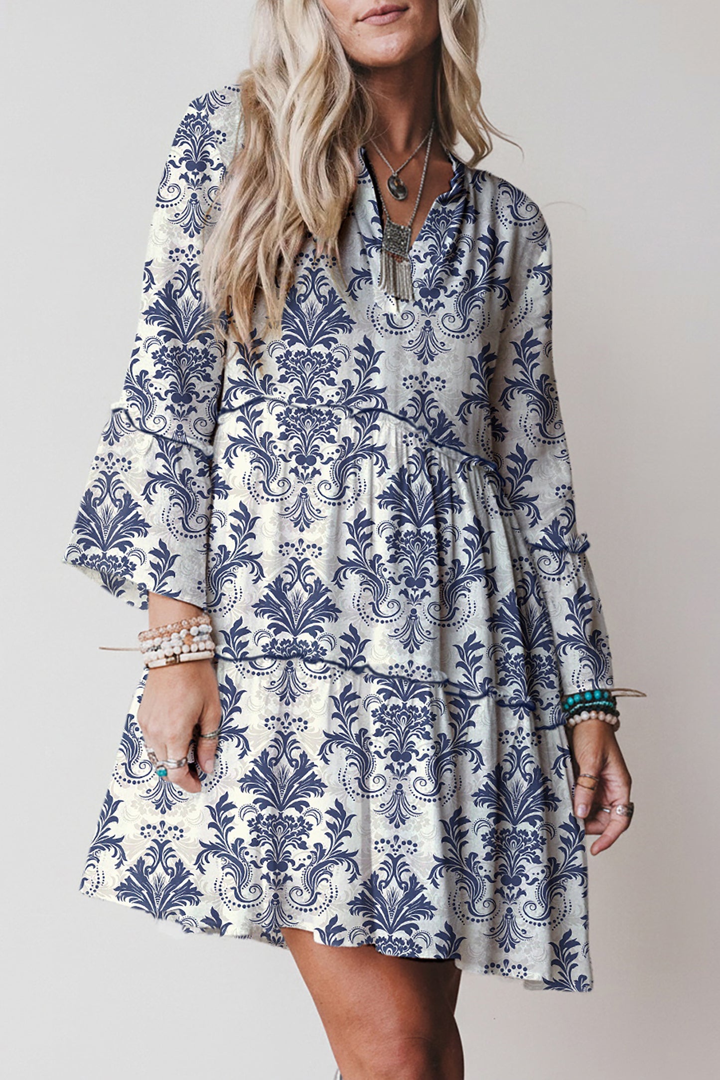 Sky Blue Boho Floral Print Lettuce Trim 3/4 Sleeve Mini Dress