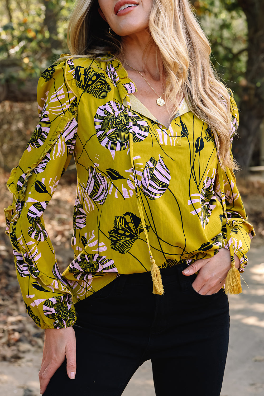 Yellow Vintage Floral V Neck Ruffle Trim Long Sleeve Blouse