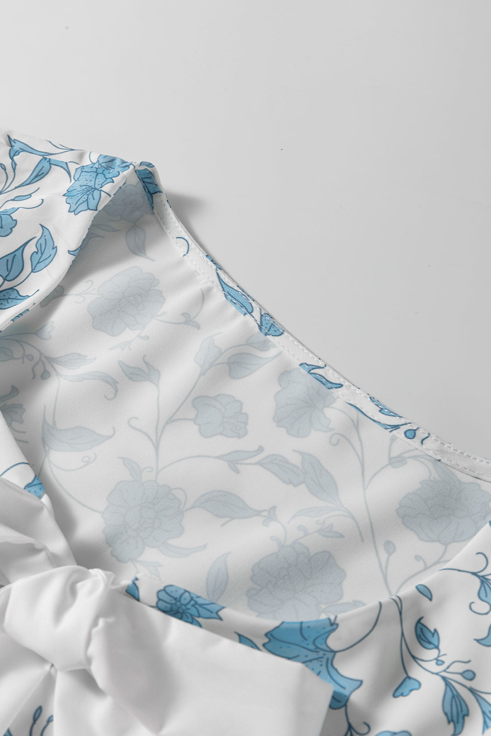 Sky Blue Floral Contrast Bow Puff Sleeve Mini Dress