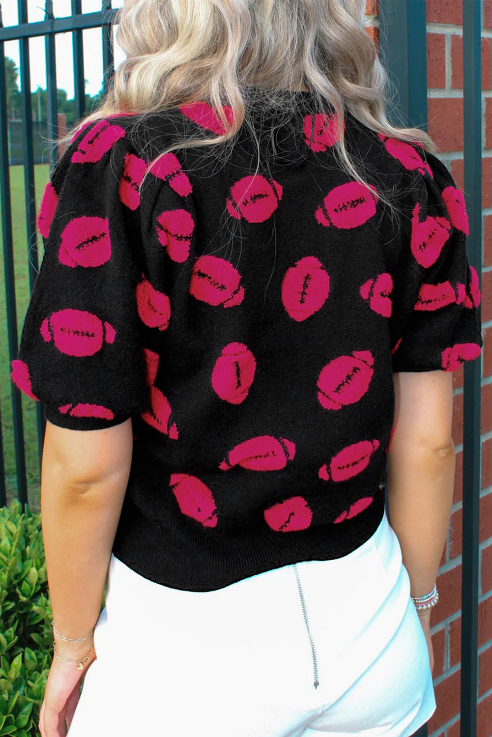 Black Rugby Print Casual Knit Short Sleeve Sweater