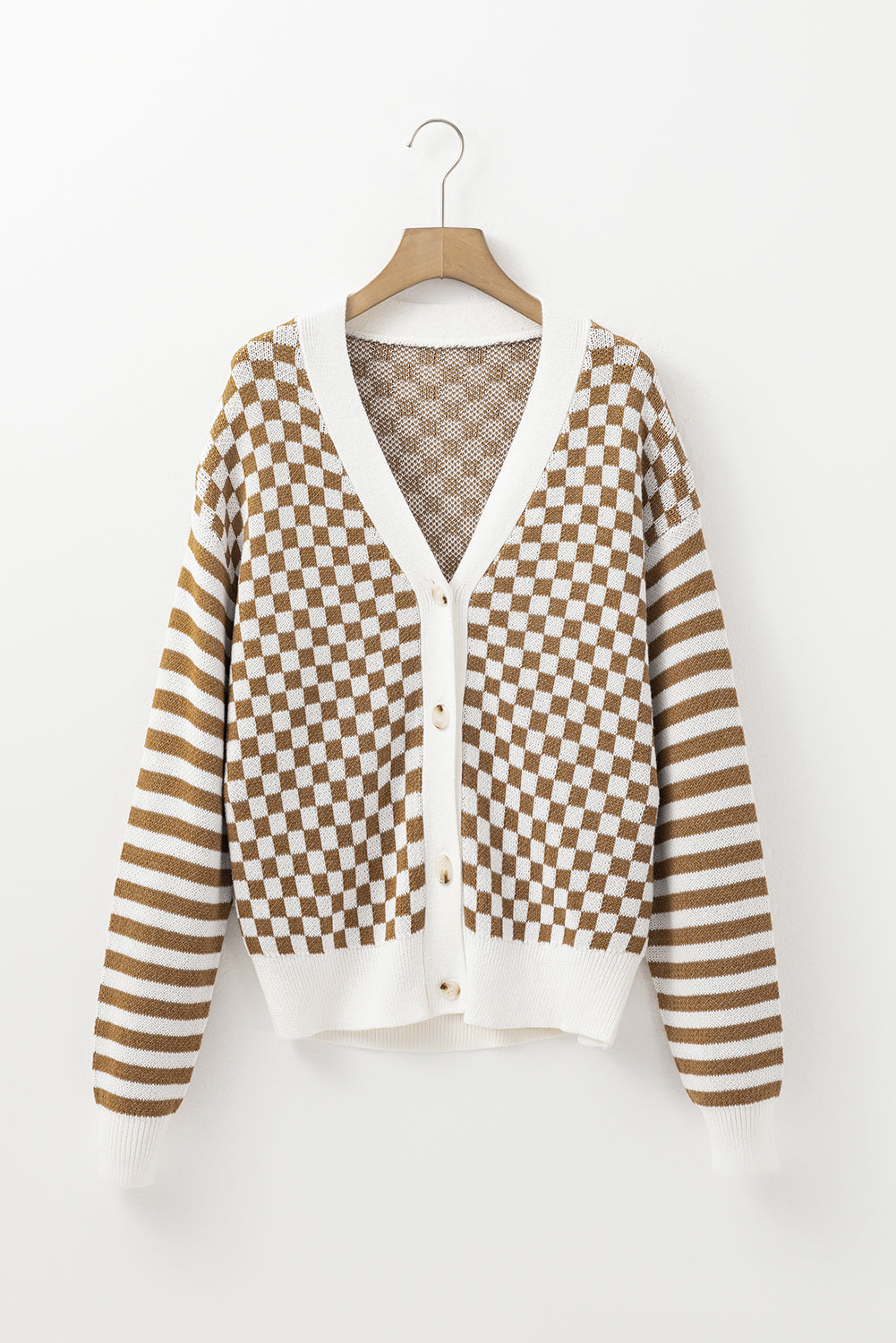 Brown Checkered Striped Patched Buttoned V Neck Cardigan
