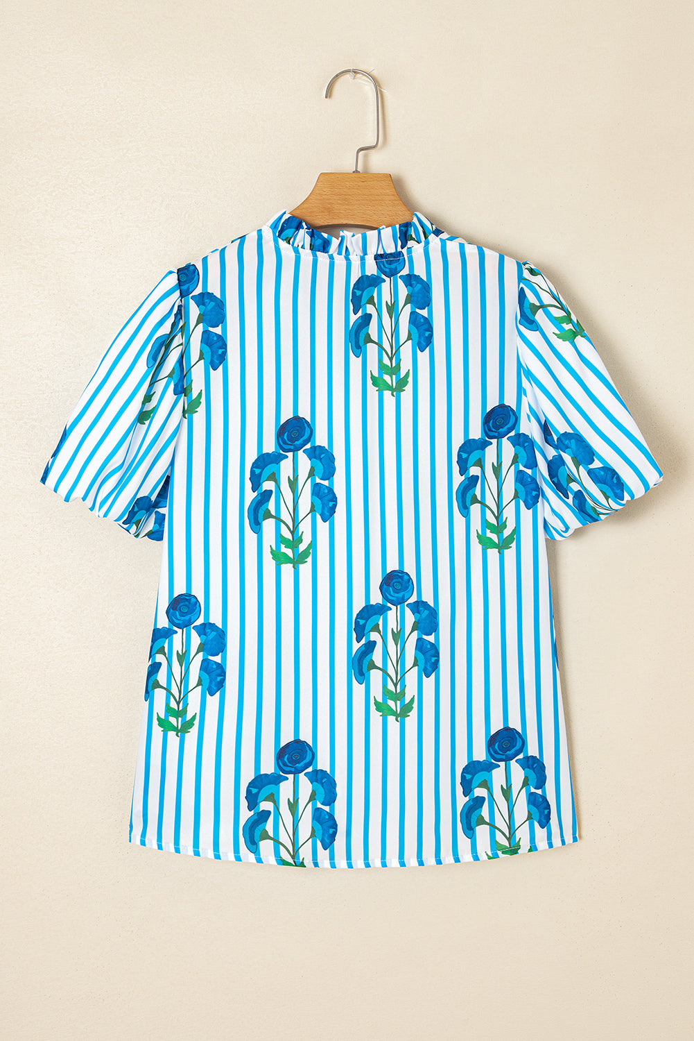 Sky Blue Stripe Floral Buttoned Frilly Notched Neck Puff Sleeve Summer Blouse