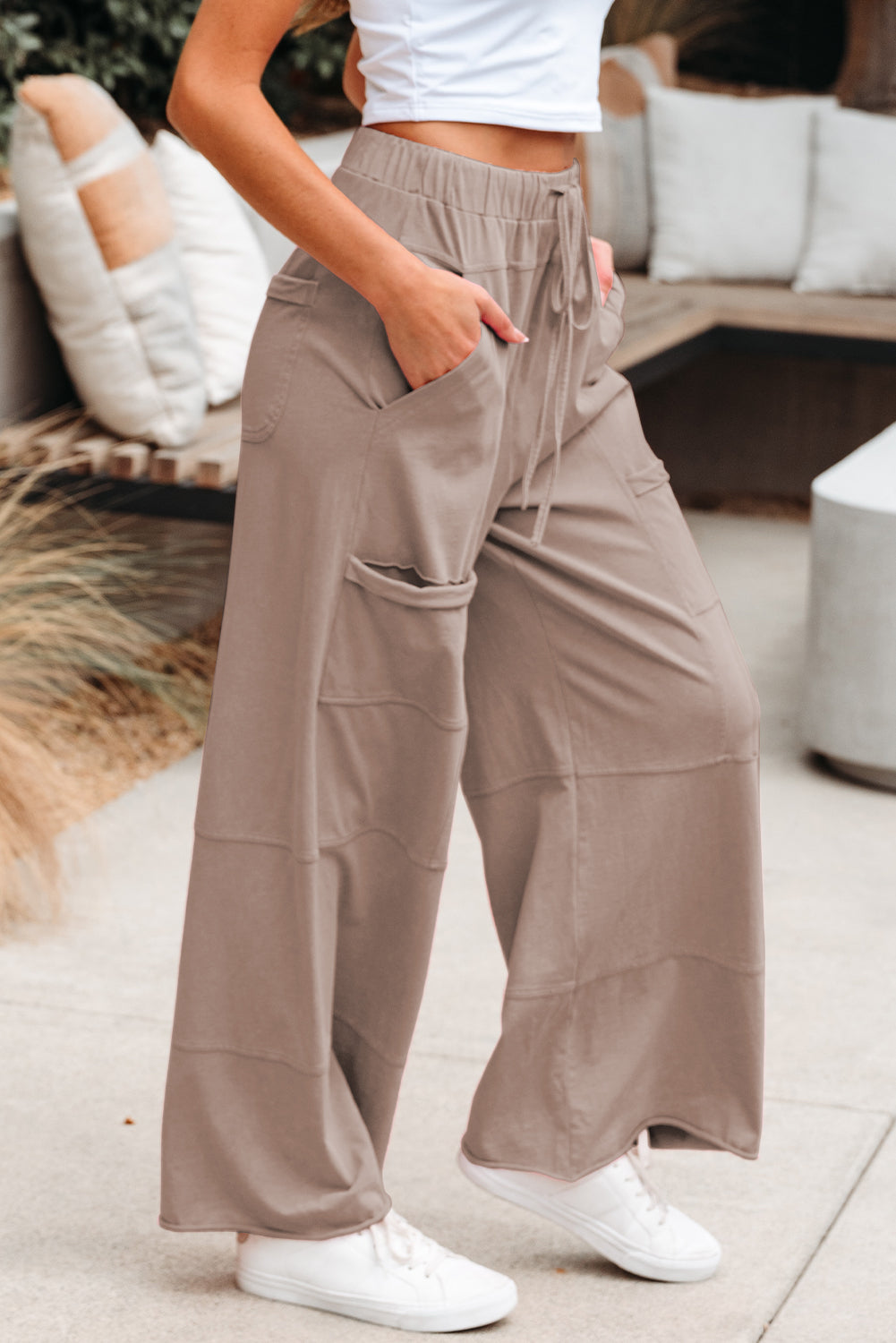 Smoke Gray Mineral Wash Exposed Seam Drawstring Elastic Waistband Wide Leg Cargo Pants