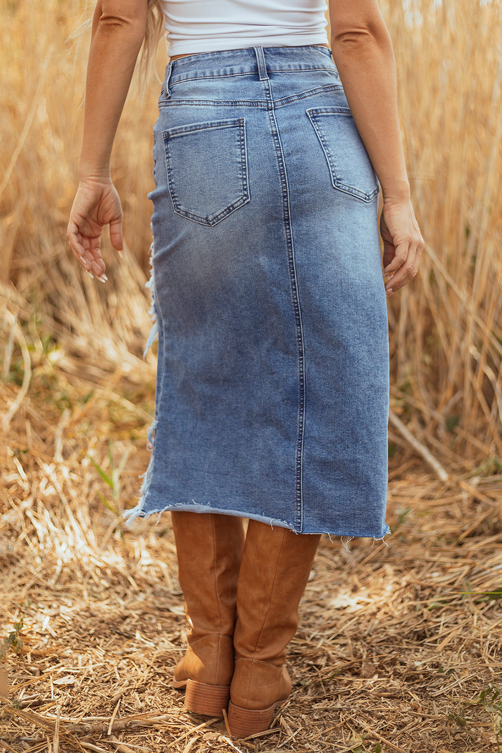 Myosotis Irregular Distressed Bottom Denim Midi Skirt