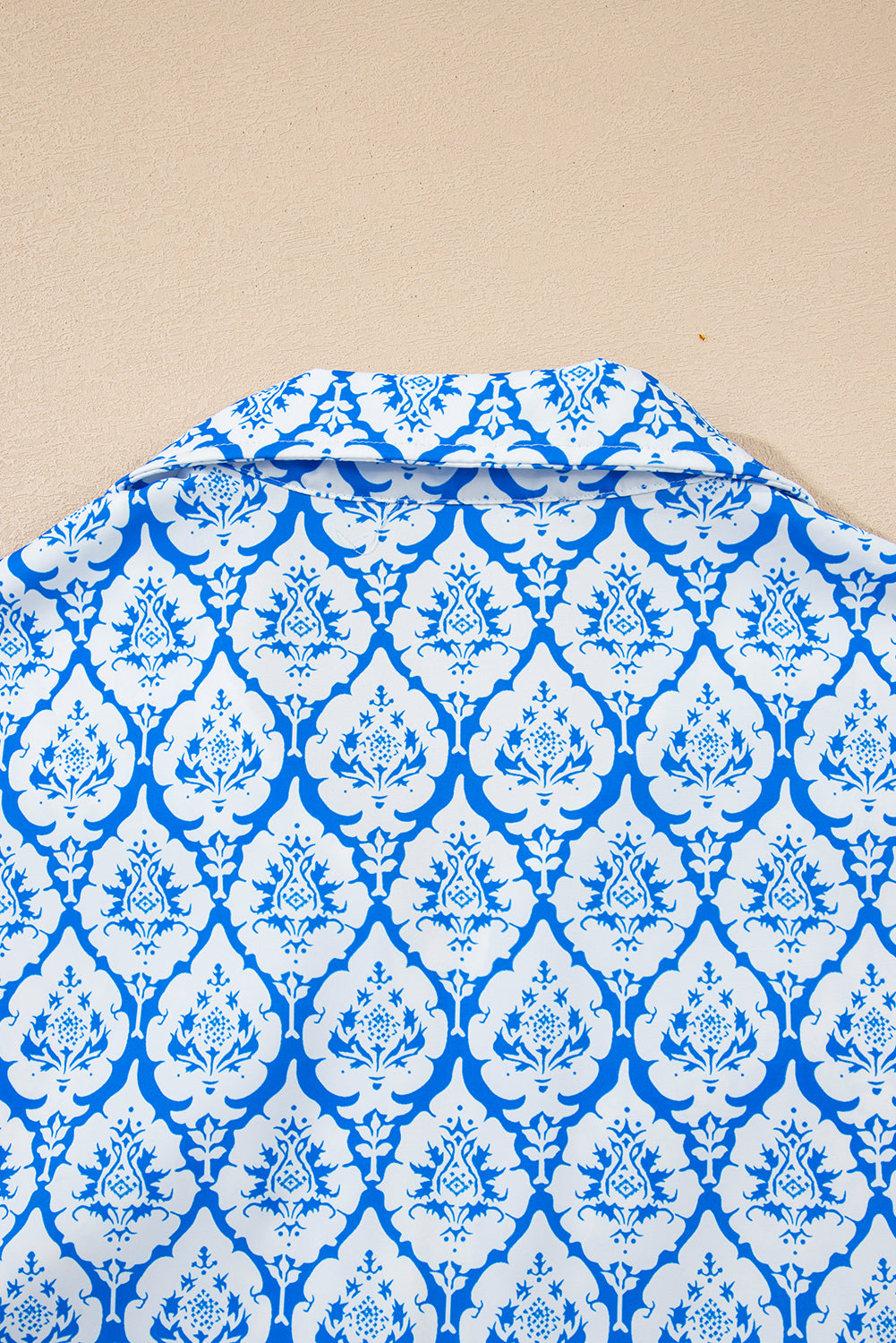 Sky Blue Western Print Zipped Collar Short Sleeve Summer Blouse Top