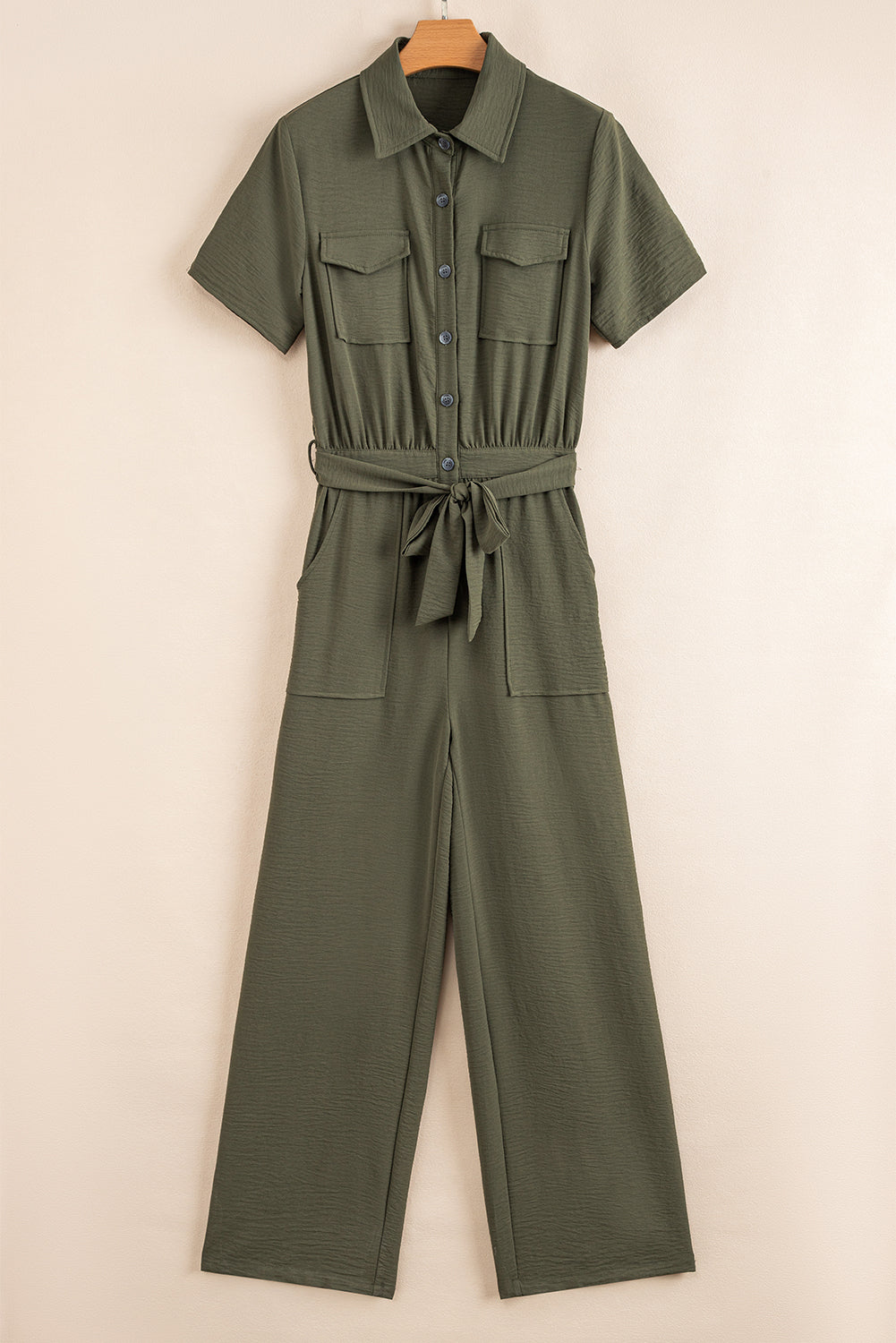 Moss Green Half Button Belted Utility Short Sleeve Jumpsuit