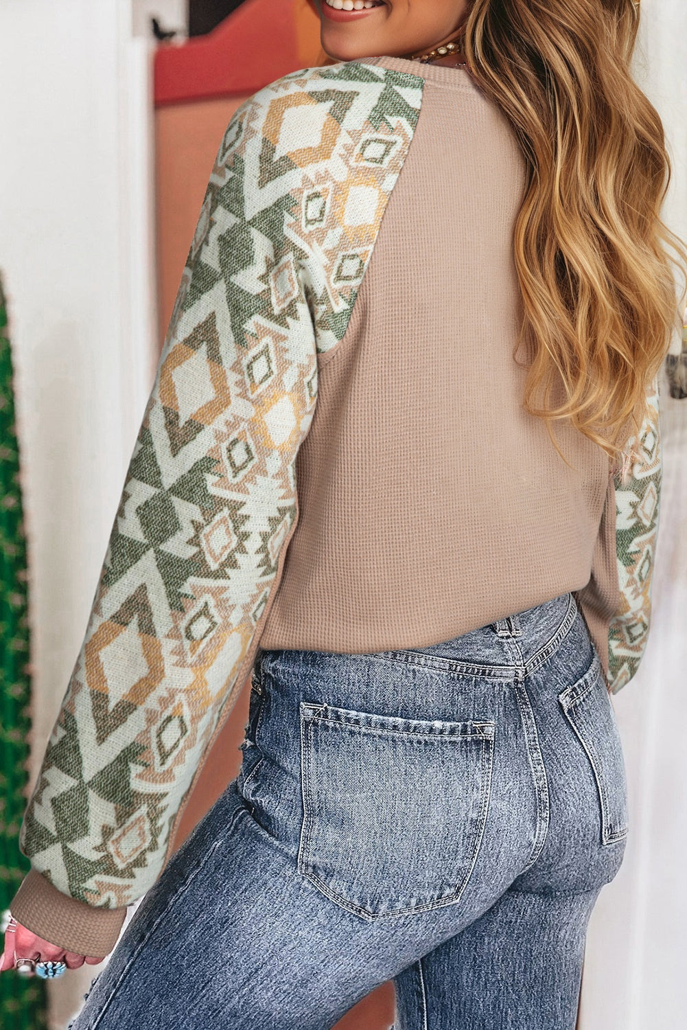 Smoke Gray Waffle Aztec Patchwork Raglan Sleeve Knit Top