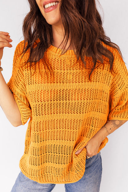 Mustard Hollow out Openwork Knit 3/4 Sleeve Sweater