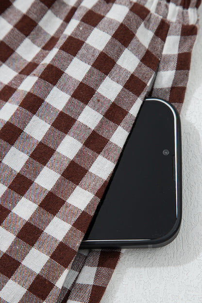 Coffee Plaid Print Full Zipper Cinched Waist Fit Flare Sleeveless Maxi Dress