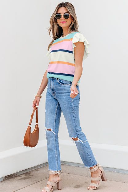 Multicolour Striped Color Block Flutter Sleeve Patchwork Sweater Top