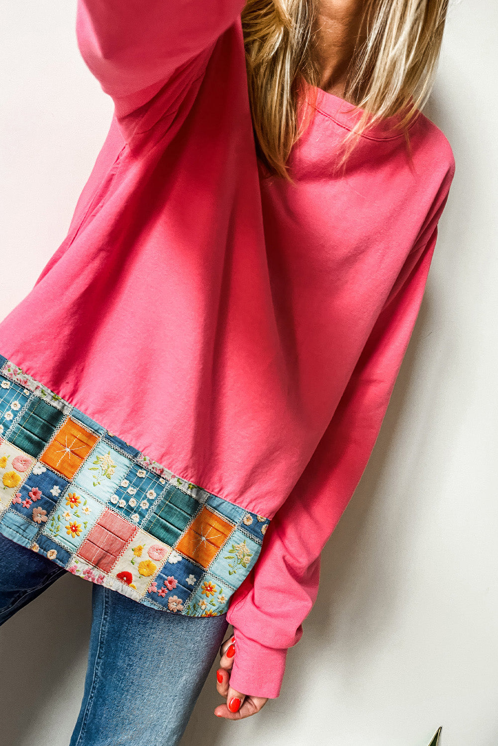 Strawberry Pink Floral Hemline Patchwork Round Neck Casual Top