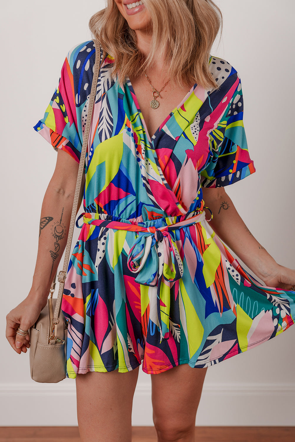 Multicolour Tropical Printed Surplice Neck Tie Waist Romper