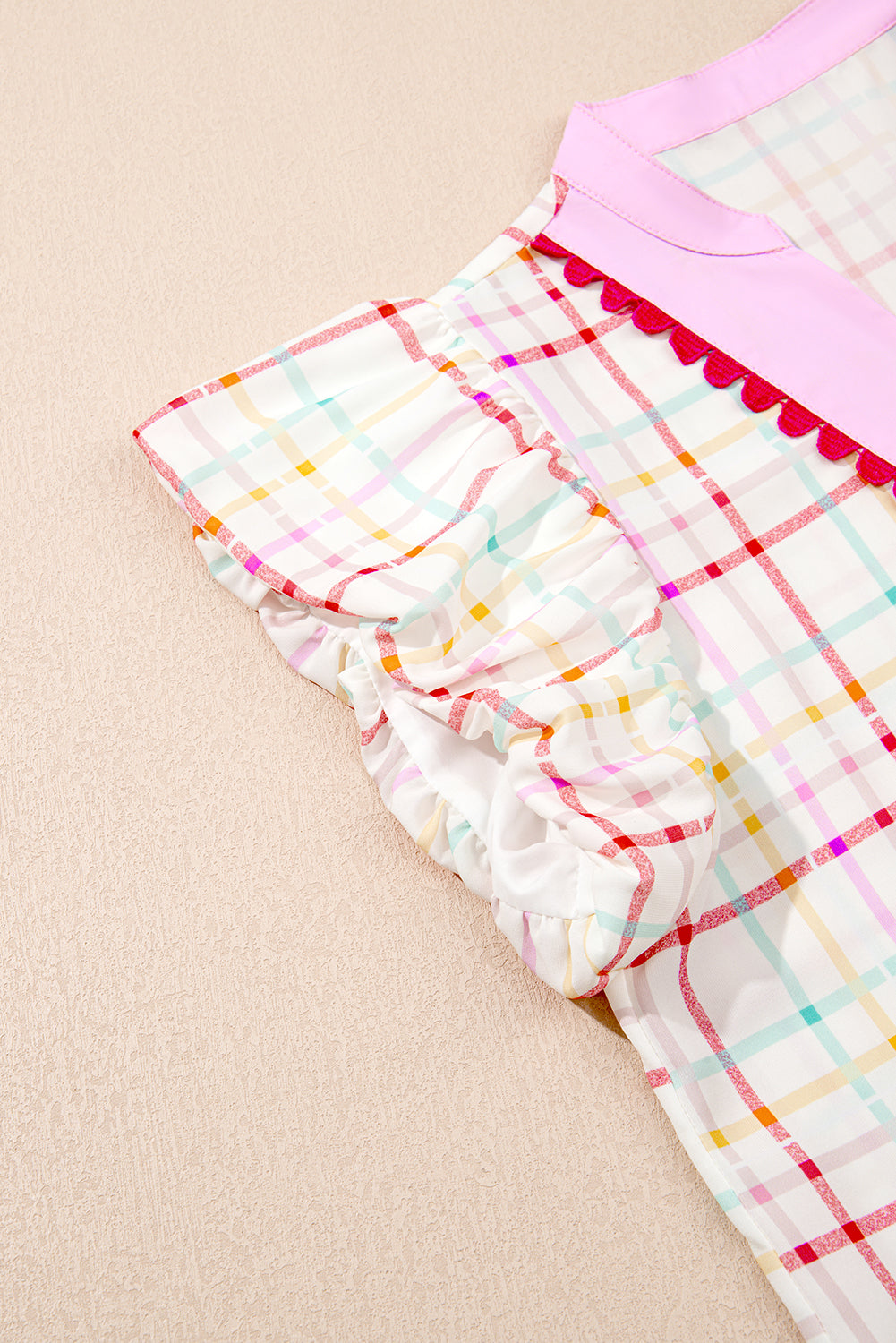 White Plaid Flutter Sleeve Colorblock Ric Rac Split V Neck Blouse