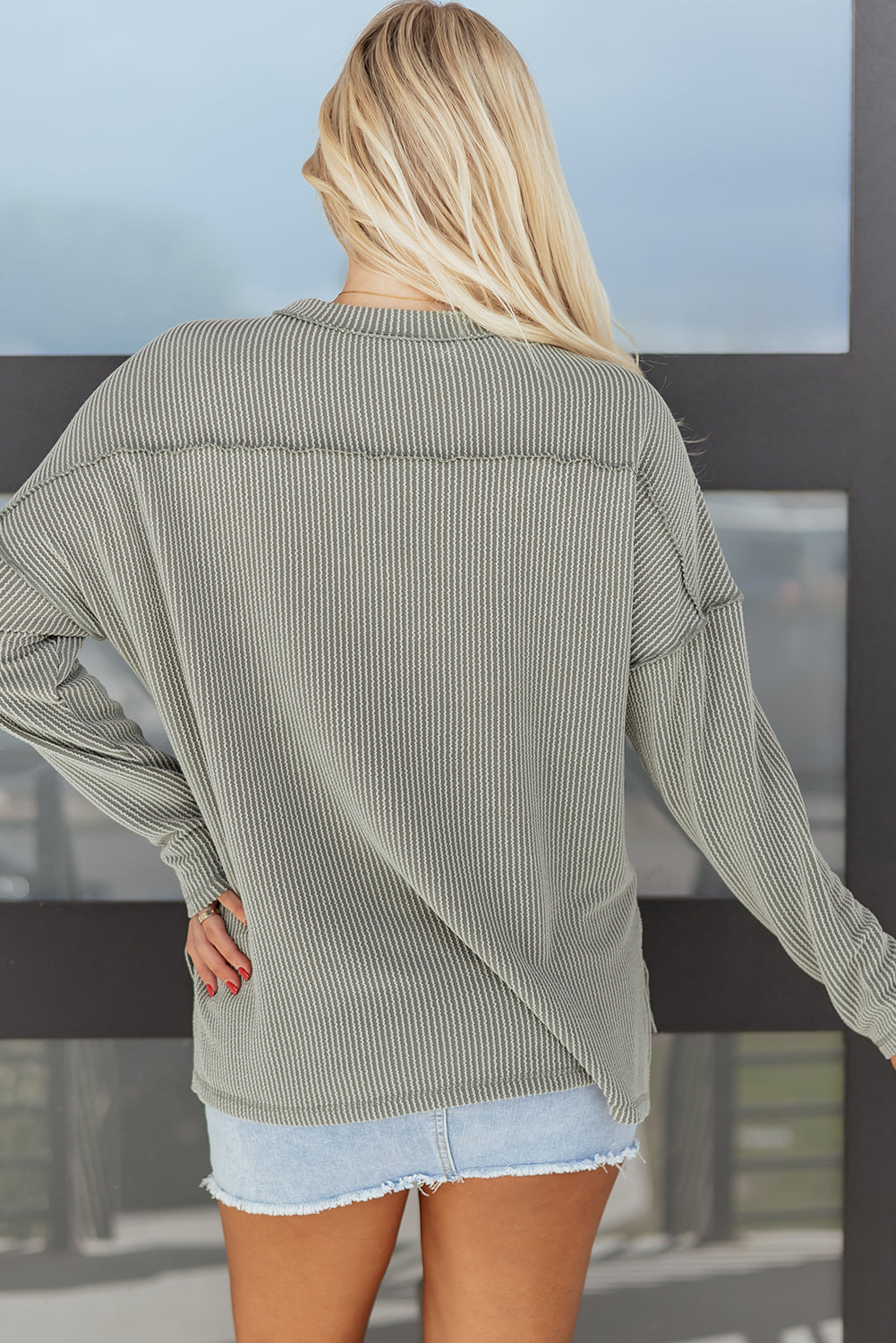 Dark Khaki Twist Ribbed Exposed Seam Detail Long Sleeve Loose Top