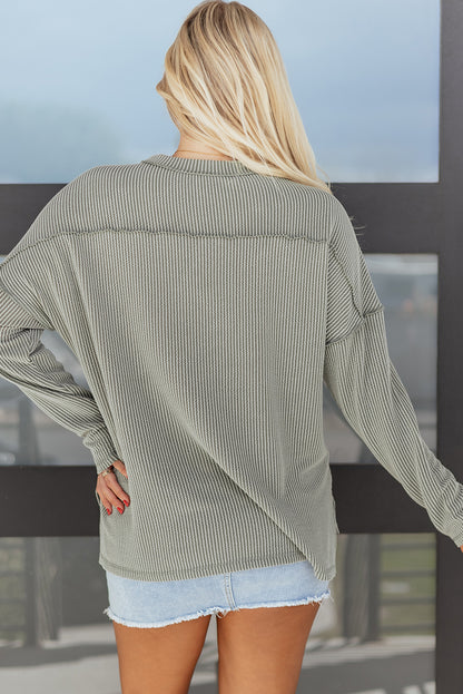 Dark Khaki Twist Ribbed Exposed Seam Detail Long Sleeve Loose Top