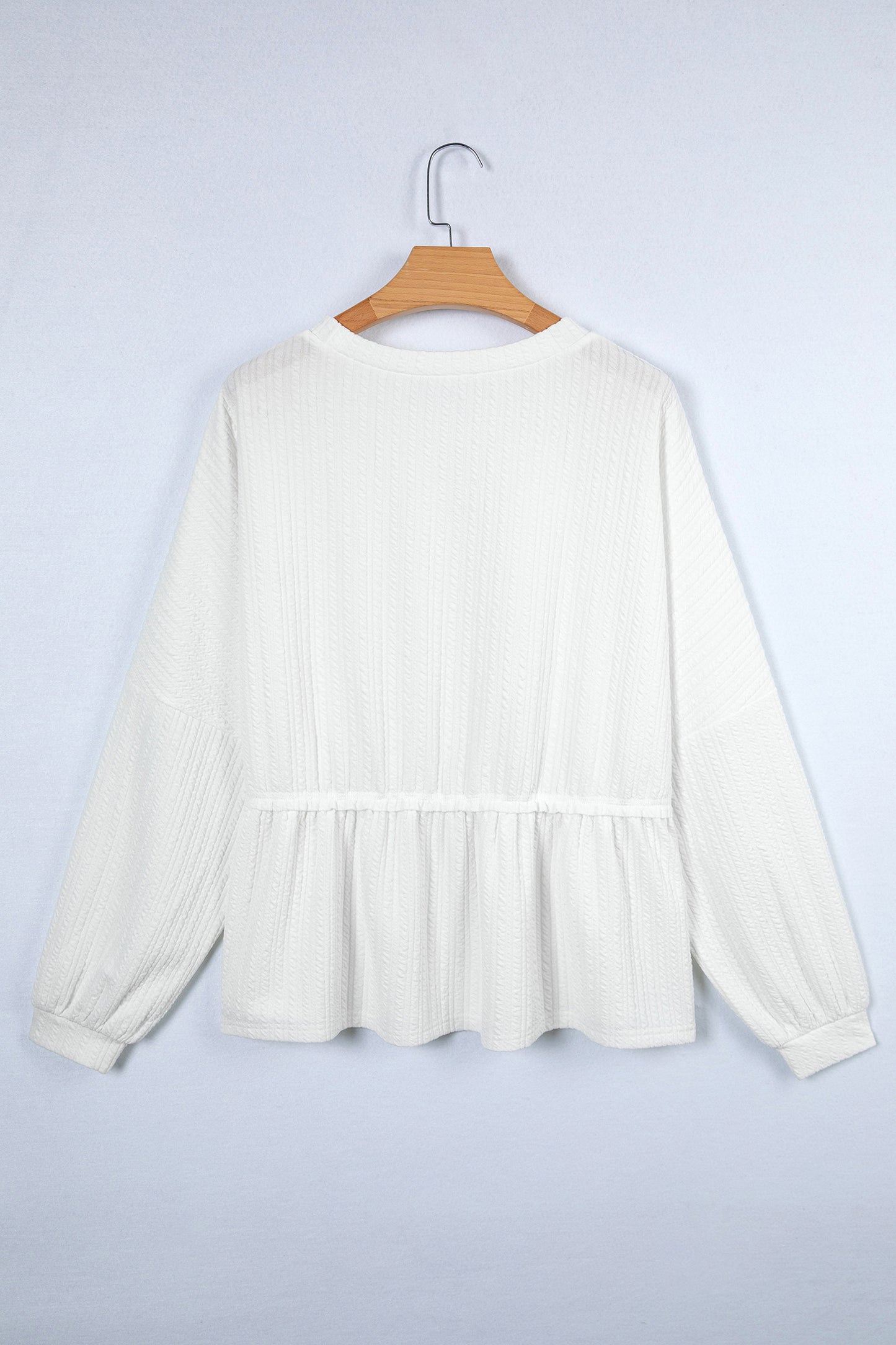 White Solid Color Textured Drop Shoulder Long Sleeve Peplum Top