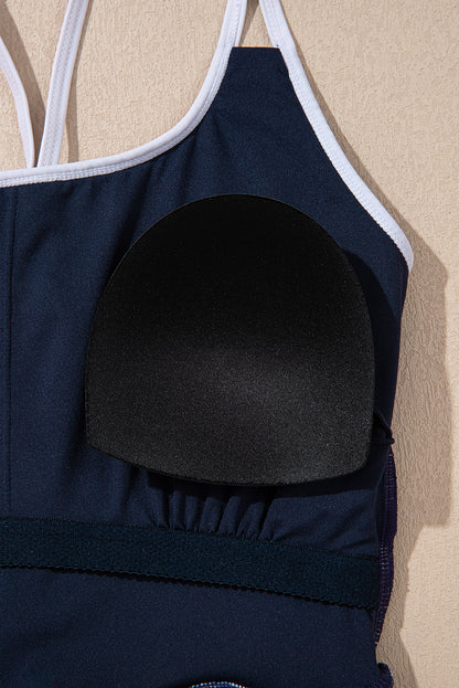 Blue Crossed Back Floral Print Asymmetric Knot Side One Piece Swimsuit