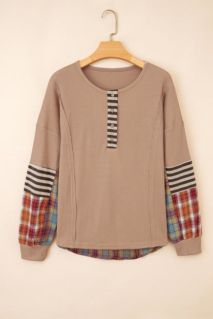 Beige Waffle Stripe Plaid Patchwork Henley Knit Top