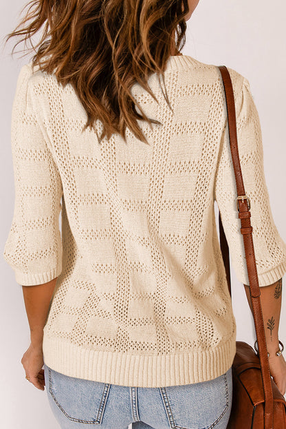 Apricot Plaid Pattern Crochet Knit Short Sleeve Sweater