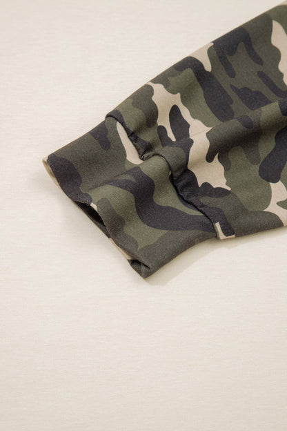 Apricot Camo Print Patchwork Sleeve Raw Hem Plus Size Sweatshirt