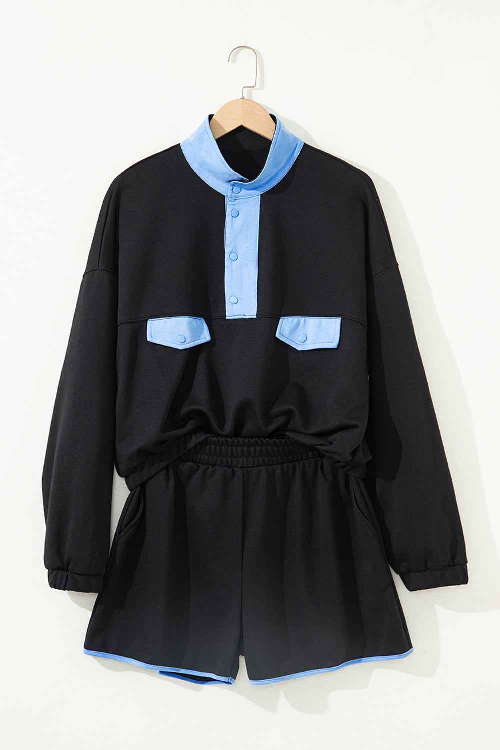 Black Color Block Patchwork Half Button Pullover and Shorts 2pcs Outfit