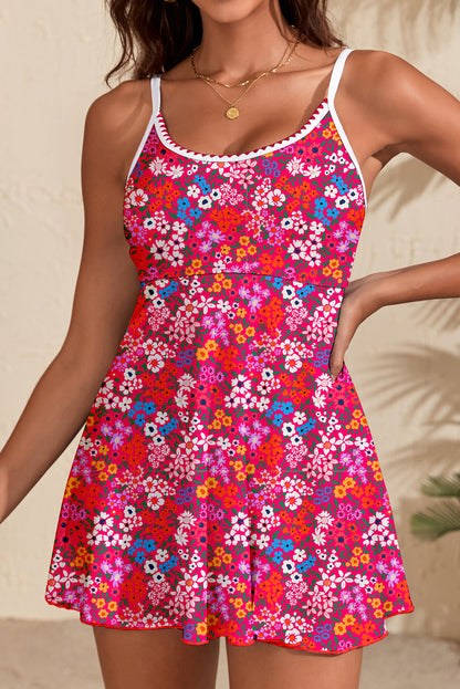 Rose Floral Print Ricrac Trim Spaghetti Strap One Piece Swim Dress