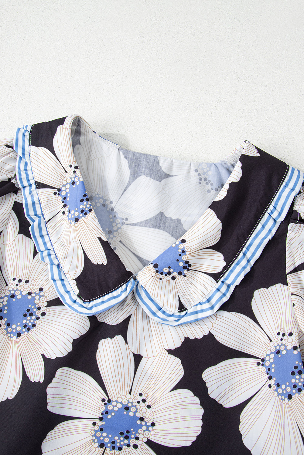 Black Floral Print Striped Tie Sleeve Collared V Neck Blouse