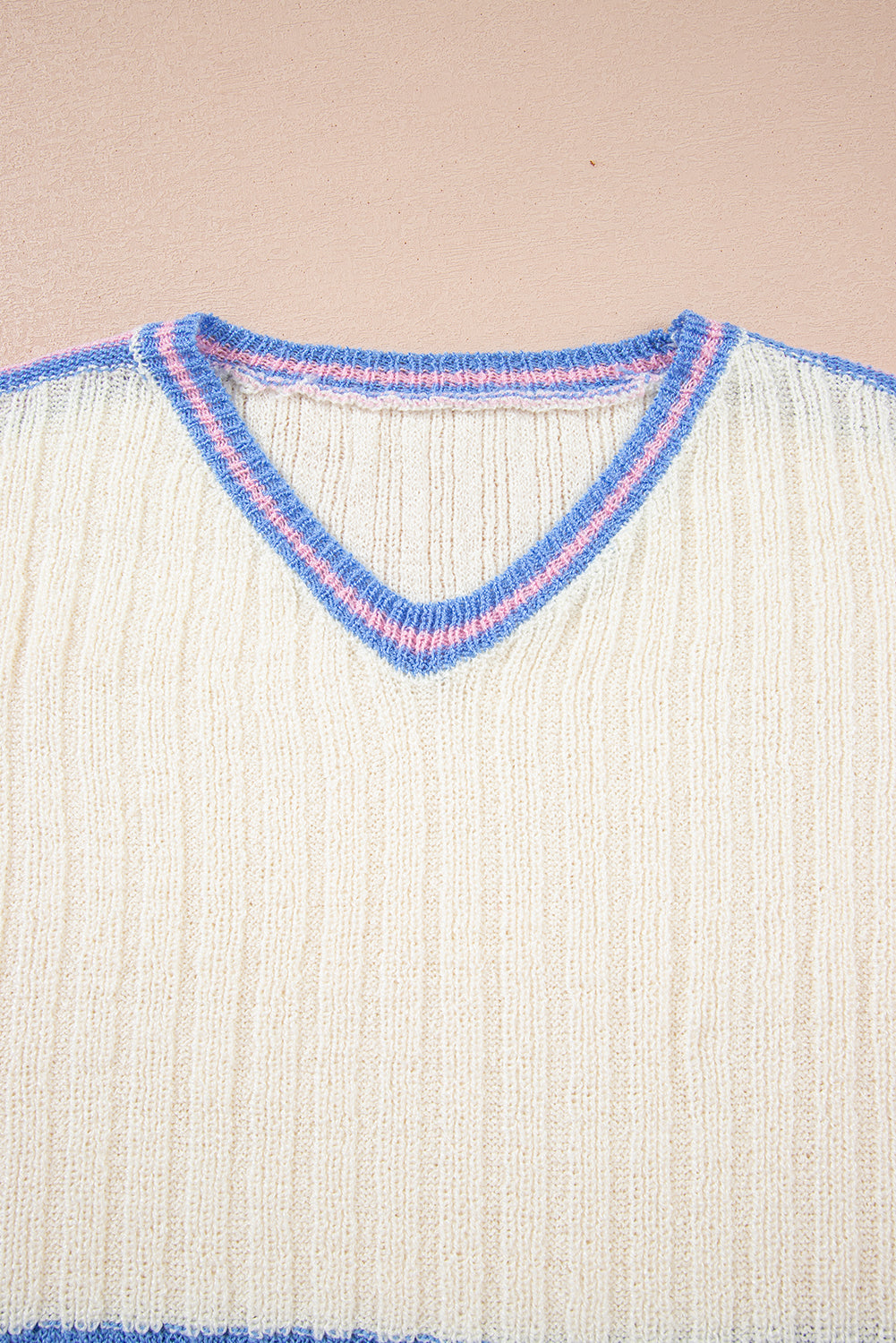White Striped V Neck Dolman Sleeve Rib Knit Oversized Sweater with Slits