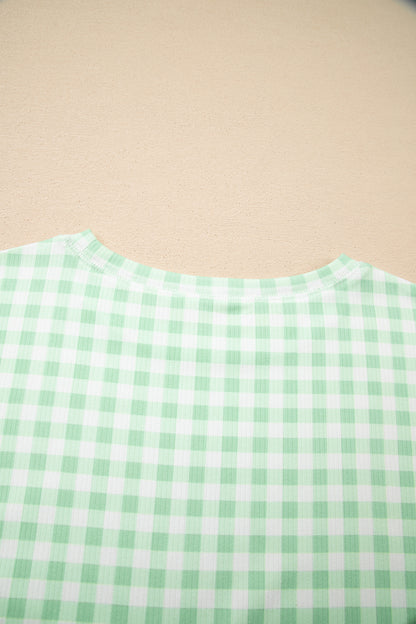 Green Gingham Long Sleeve Loose Top Drawstring Shorts 2pcs Lounge Set