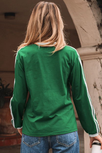 Bright Green Varsity Striped Accent Contrast Crew Neck Long Sleeve T Shirt