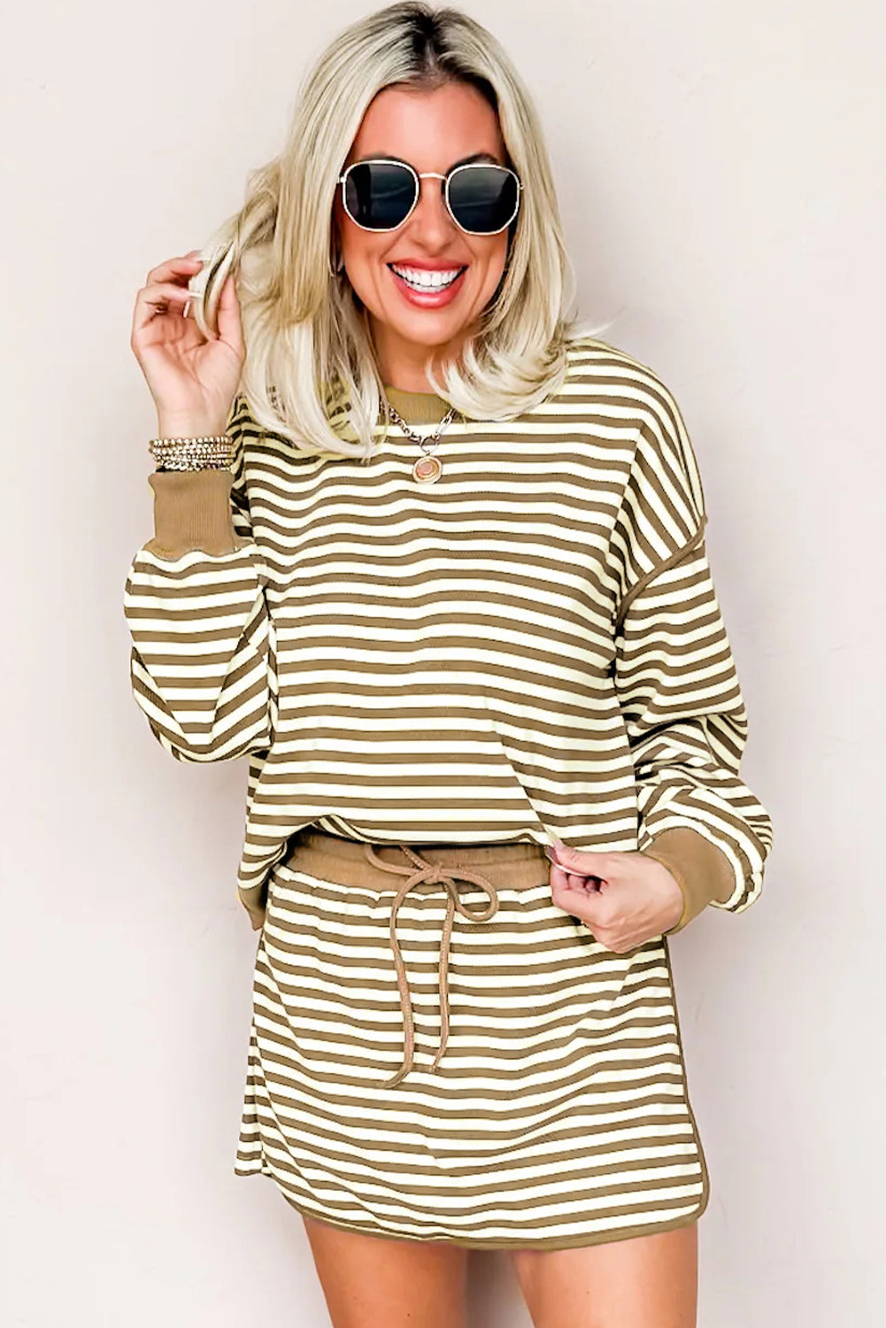 Brown Stripe Textured Drop Shoulder Pullover Top Drawstring Mini Skirt Two Piece Dress Set