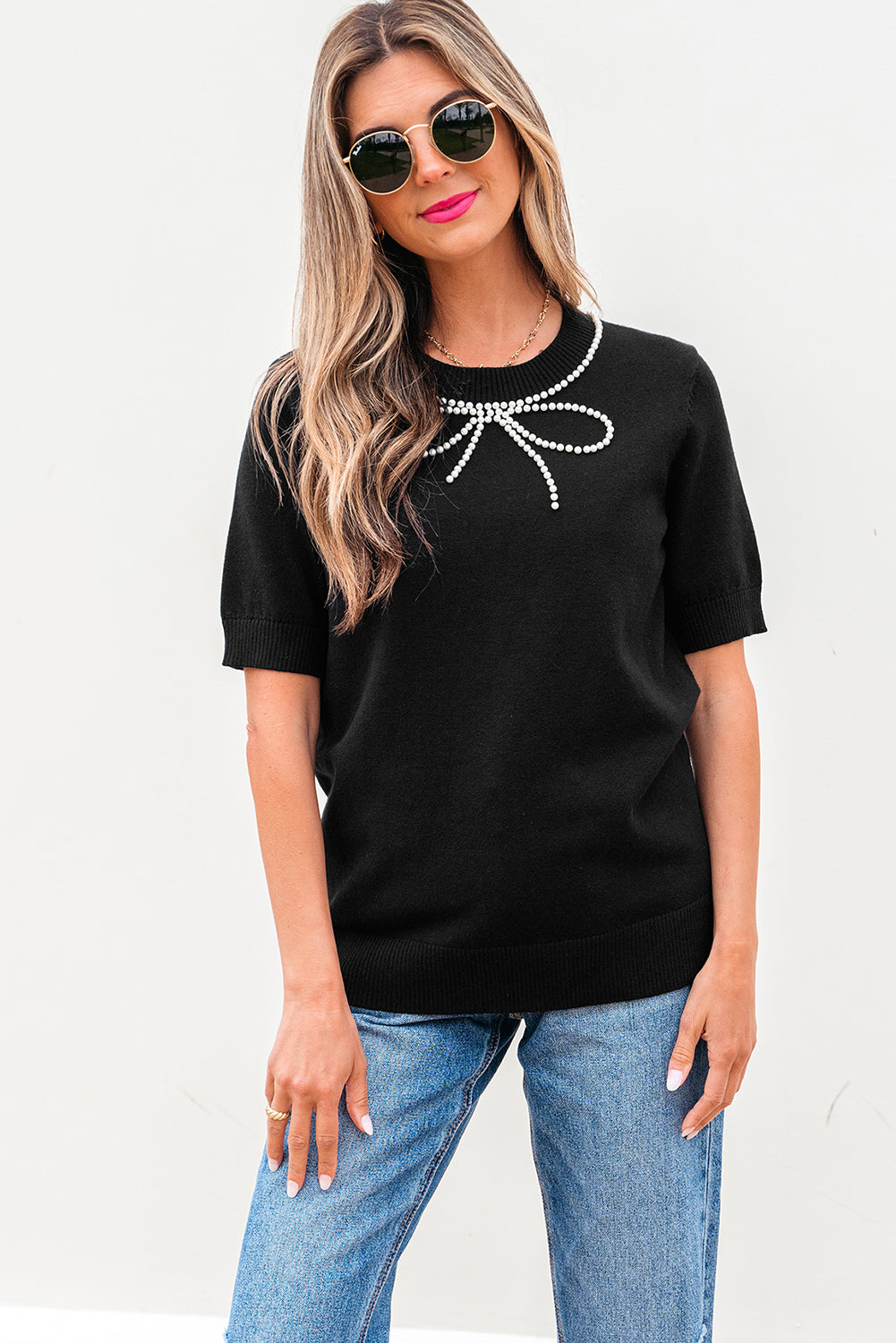 Black Pearl Bow Necklace Embellished Short Sleeve Knitted T Shirt