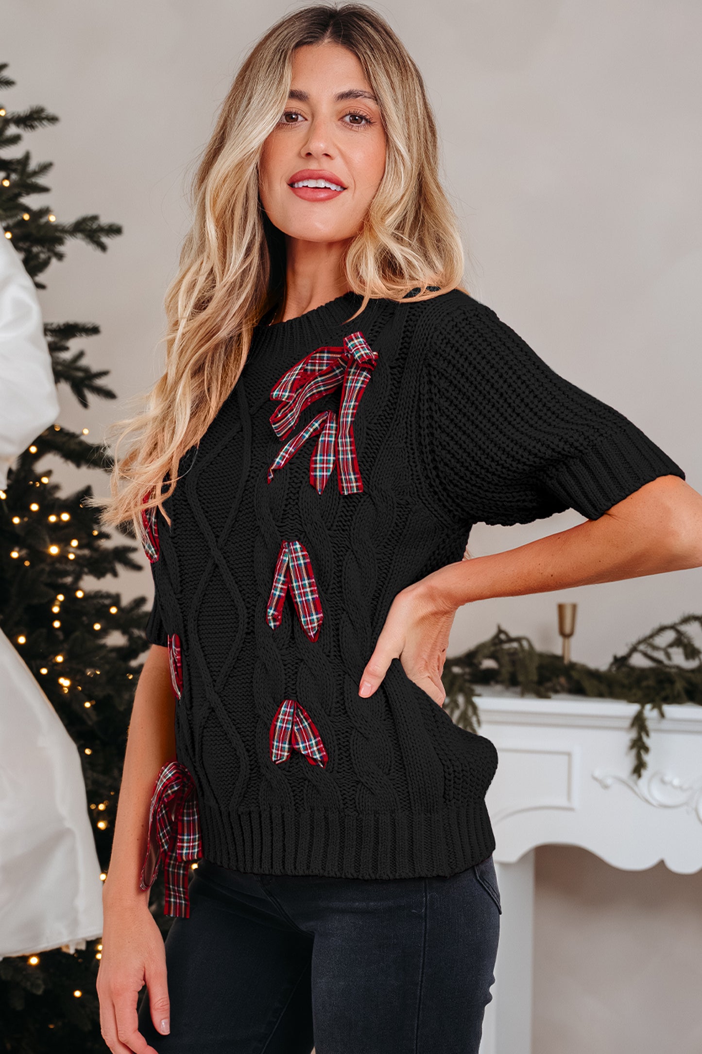 Fiery Red Plaid Lace up Detail Christmas Holiday Puff Short Sleeve Sweater