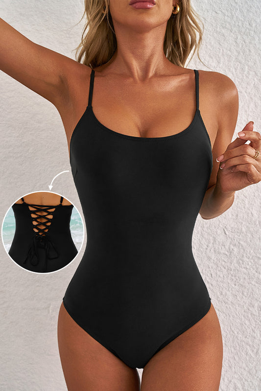 Black Thin Strap Strappy Lace-up Open Back One Piece Swimsuit