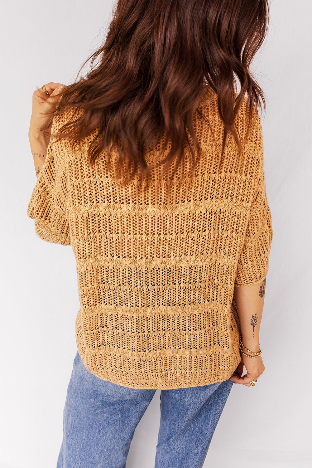 Mustard Hollow out Openwork Knit 3/4 Sleeve Sweater