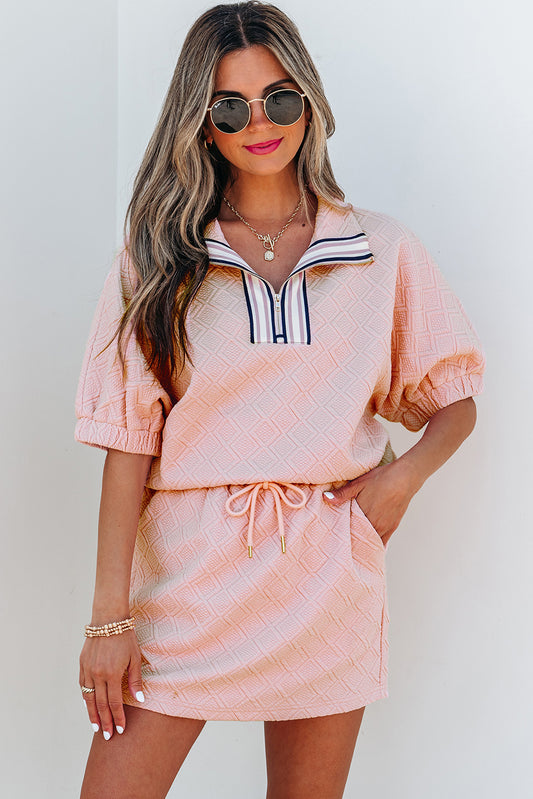 Light Pink Striped Collared Zip up Textured Skirt Set