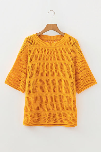 Mustard Hollow out Openwork Knit 3/4 Sleeve Sweater