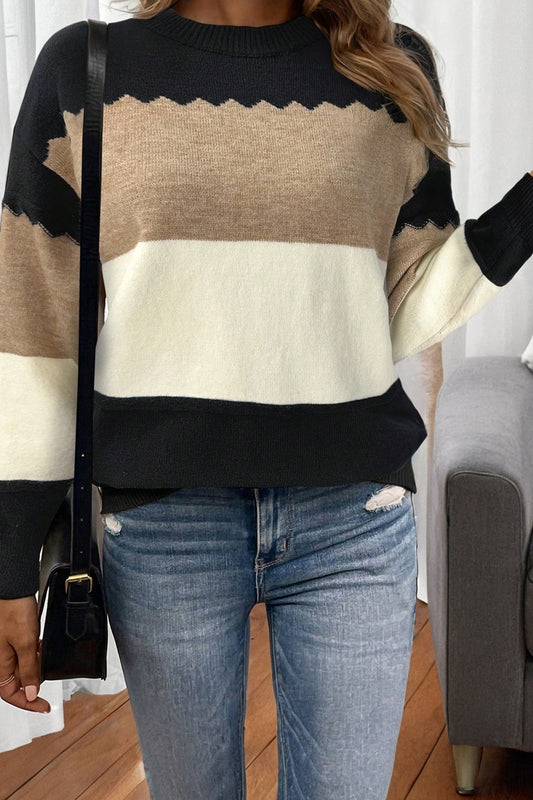 Black Colorblock Crew Neck Drop Shoulder Sweater