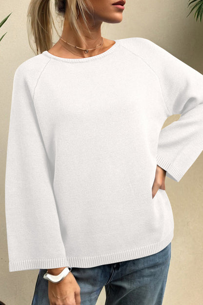 White Solid Color Knit Loose Bracelet Sleeve Dolman Sweater