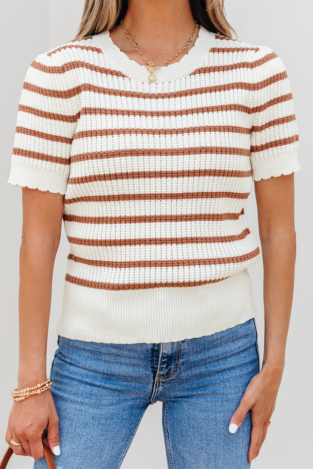 Khaki Stripe Scalloped Round Neck Short Sleeve Sweater