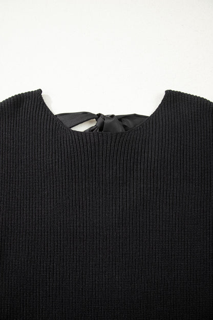 Black Ribbed Knit Ribbon Knot Backless Drop Shoulder Sweater
