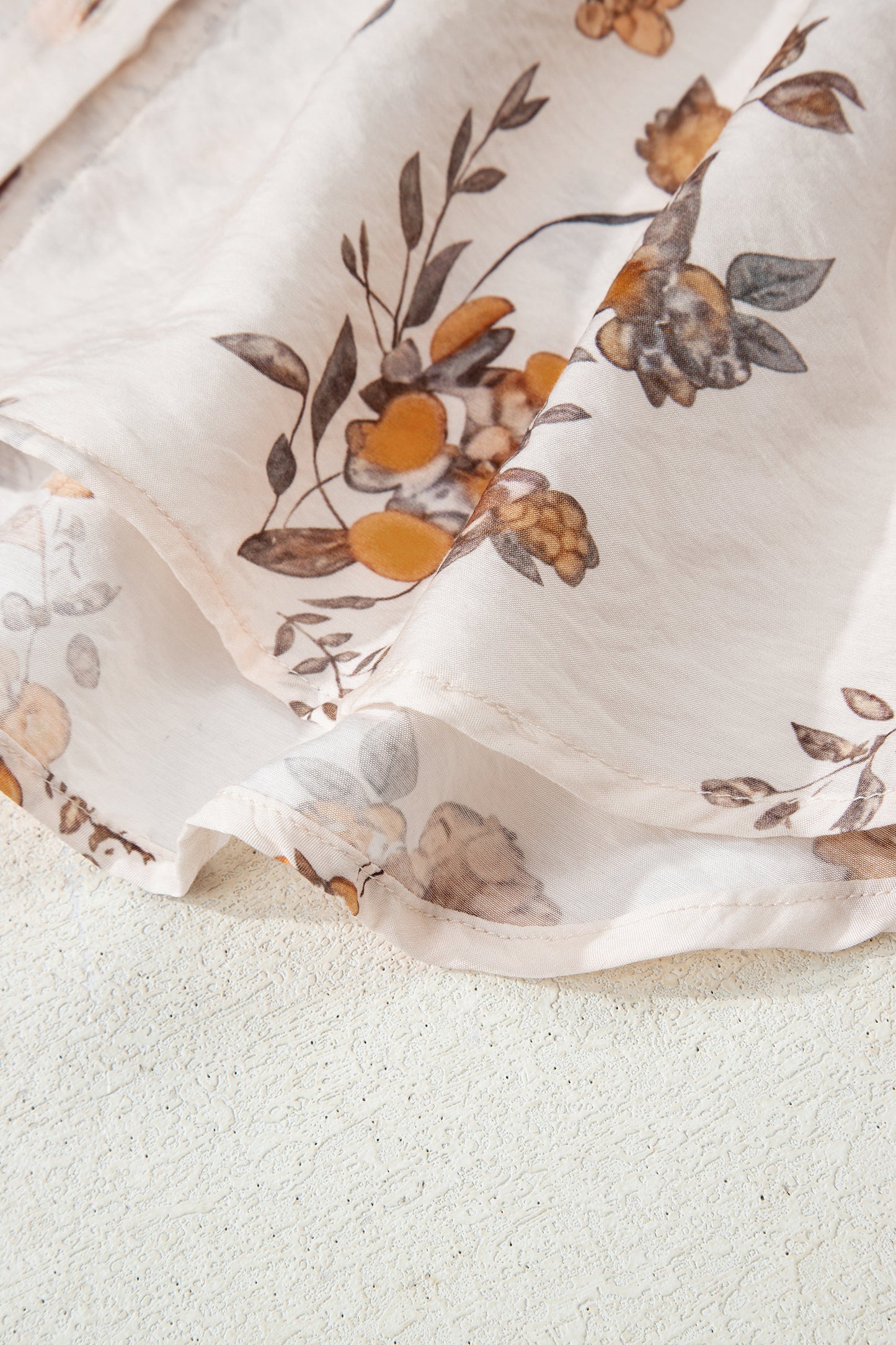 Apricot Floral Printed Silky Button Up Long Sleeve Shirt