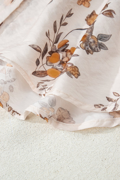 Apricot Floral Printed Silky Button Up Long Sleeve Shirt