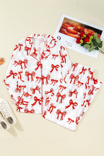 Red Christmas Bow Print Long 2pcs Pajama Set