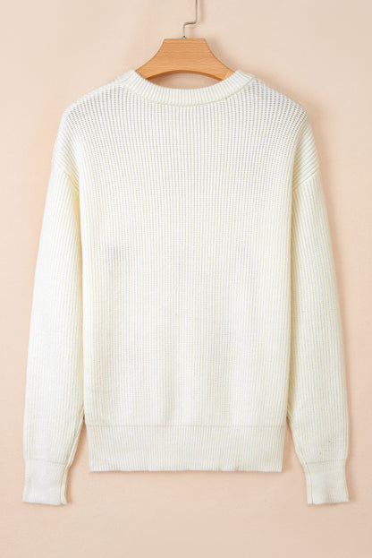 Beige Pumpkin Embroidered Ribbed Thanksgiving Halloween Holiday Sweater