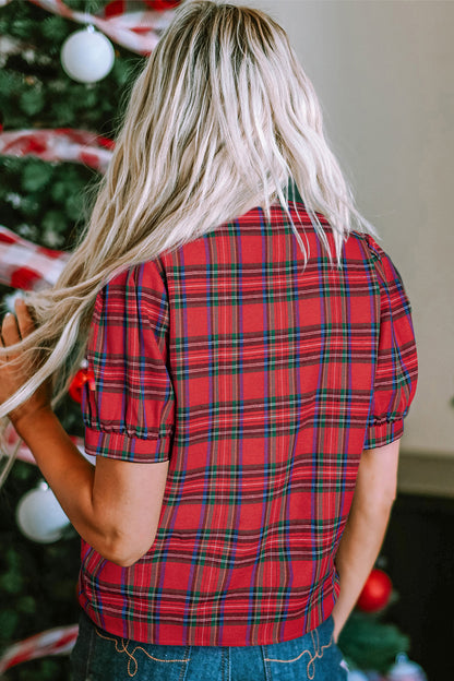 Red Plaid Print Contrast Trim V Neck Short Sleeve Blouse