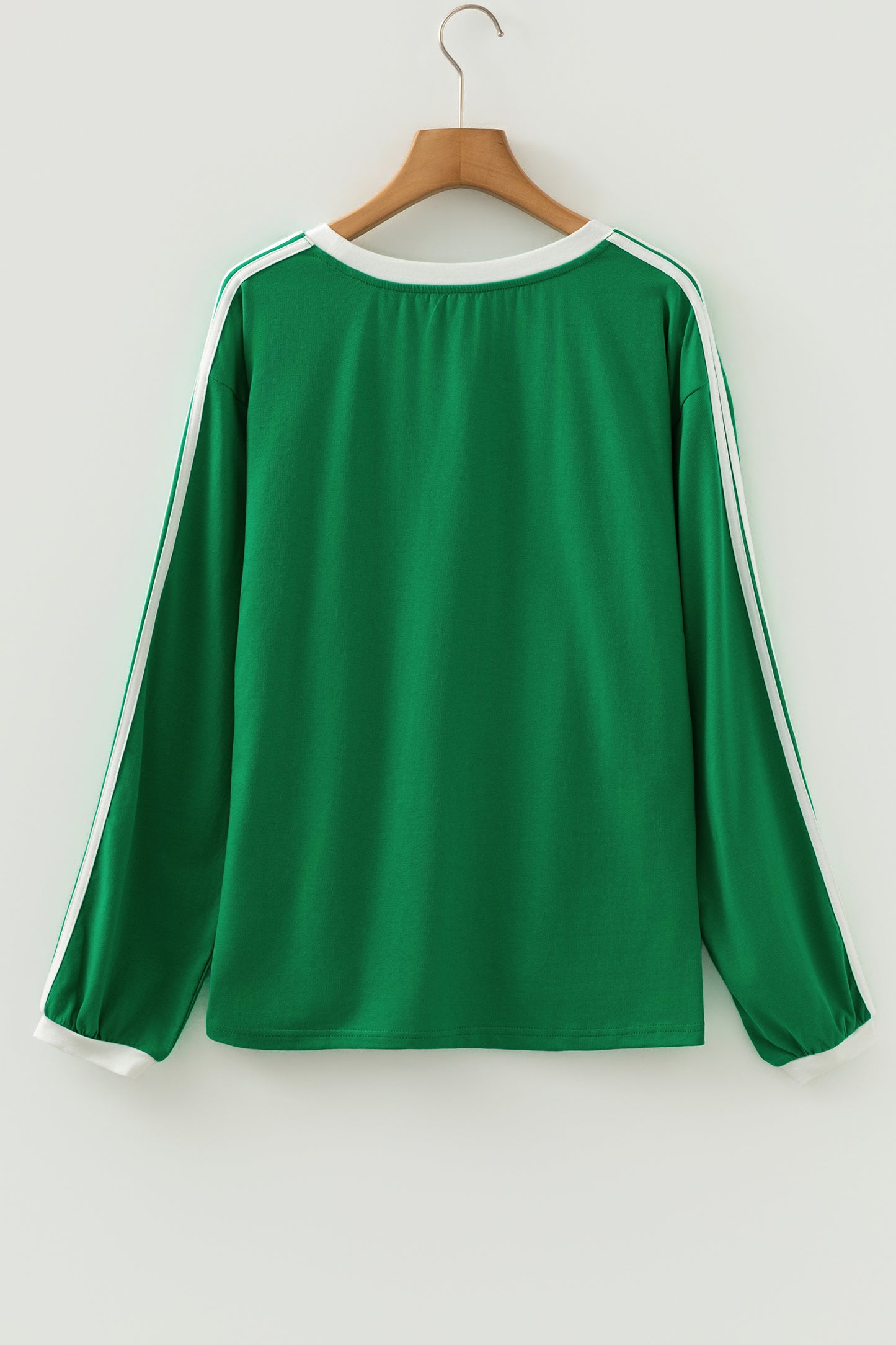 Bright Green Varsity Striped Accent Contrast Crew Neck Long Sleeve T Shirt