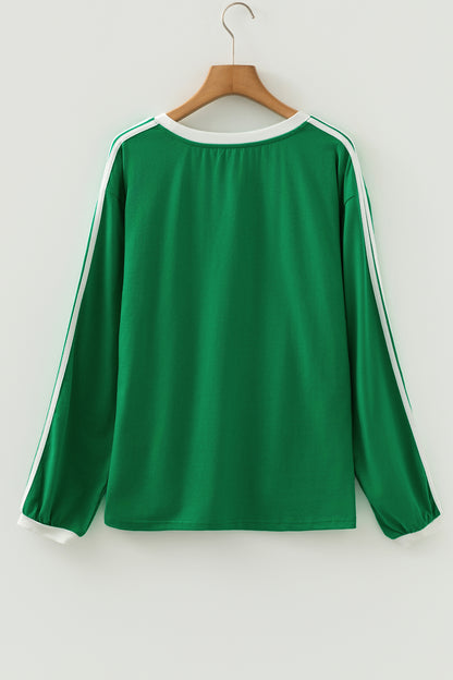 Bright Green Varsity Striped Accent Contrast Crew Neck Long Sleeve T Shirt