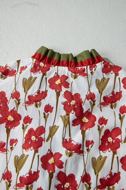 Red Floral Print Contrast Trim V Neck Double Ruffled Short Sleeve Blouse